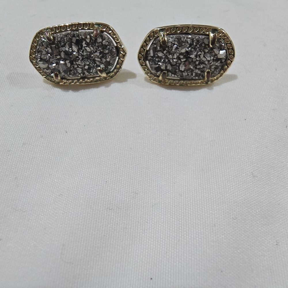 Kendra Scott Gold Frame Gray Druzy Oval Stud Earrings - Picture 2 of 4